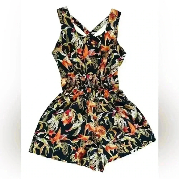 Kathie Lee Collection Vintage Romper 10 Floral Sleeveless Tropical Criss-Cross - Picture 2 of 11